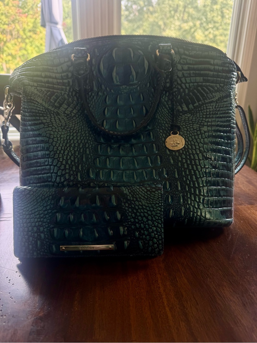 Brahmin Green Croc Embossed Leather Satchel Bag + Matching Wallet